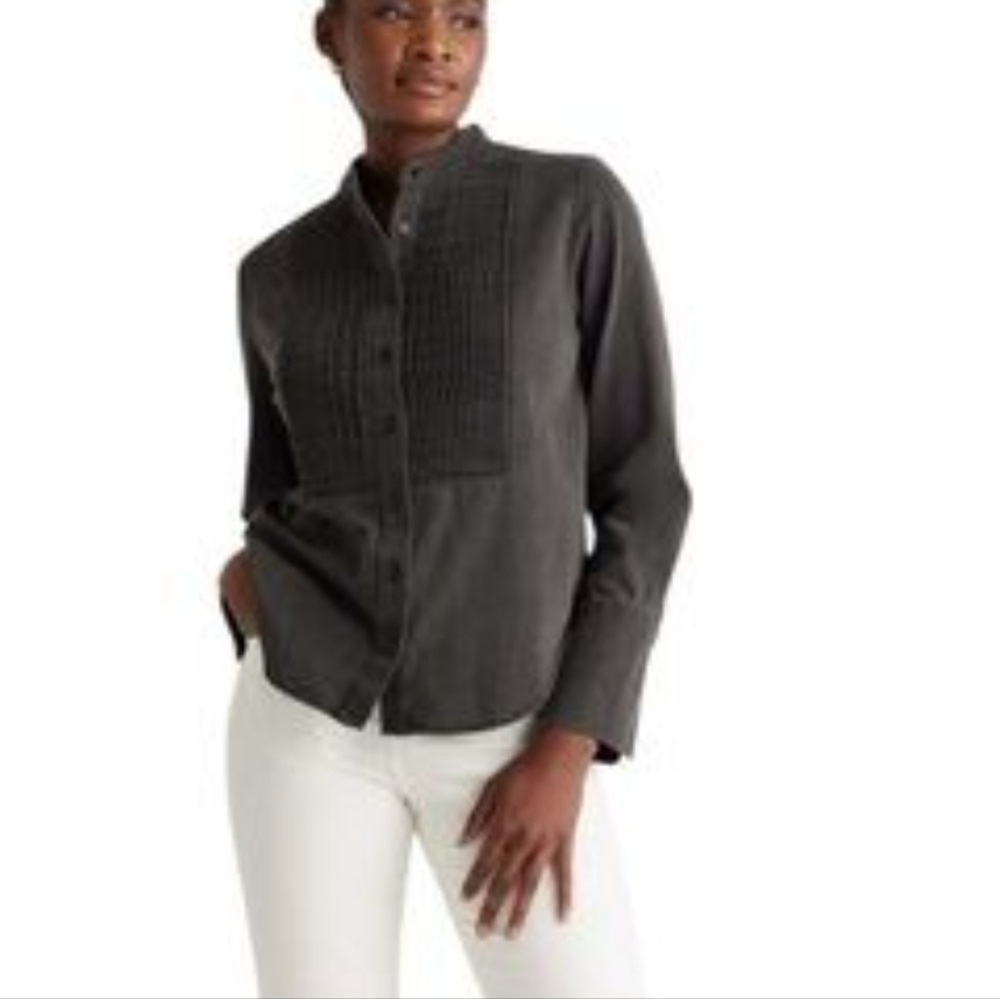 Quince Dark Gray Pleated Front Mandarin Collar Boho Western Button-Up Shirt Sz L